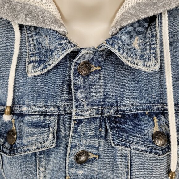 Free People Blue Denim Distressed Removable Knit Hood Jean Jacket Size Small S - Picture 9 of 14